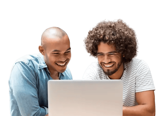 two happy men using a laptop.