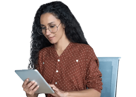 Young employee receiving an employee reward on her tablet.