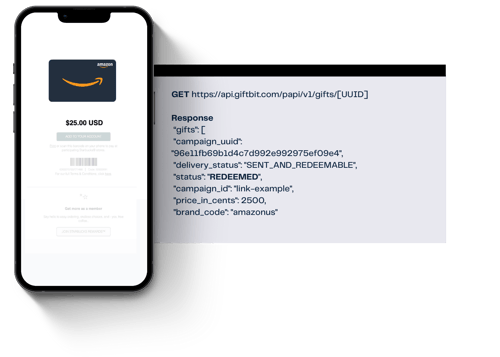 graphic with amazon gift card api plus a mobile phone displaying an amazon gift card